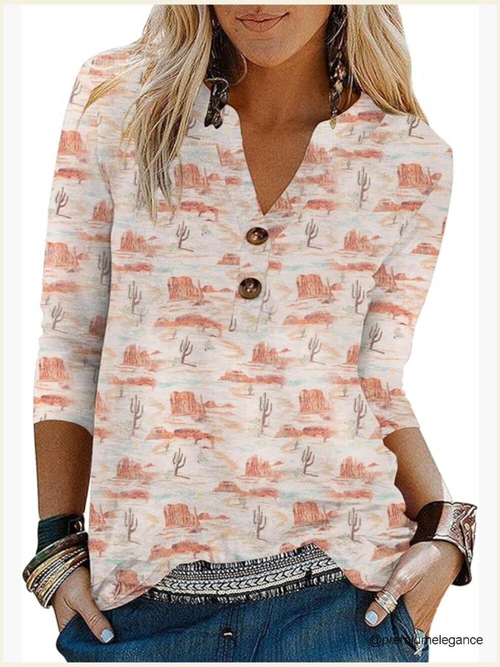 Western 3/4 Sleeve V-Neck Graphic Tunic Blouse Loose Casual Cactus Tee